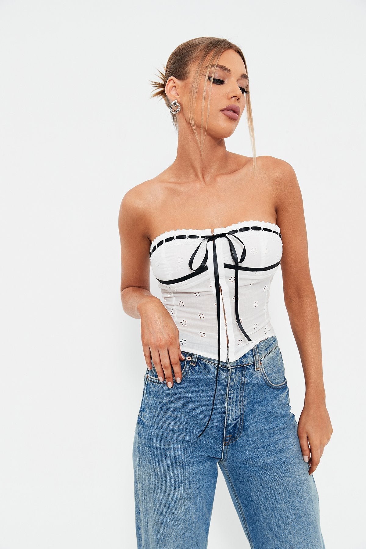 Off Shoulder Colorblock Trim Tie Front Jacquard Corset Top
