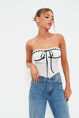 Off Shoulder Colorblock Trim Tie Front Jacquard Corset Top