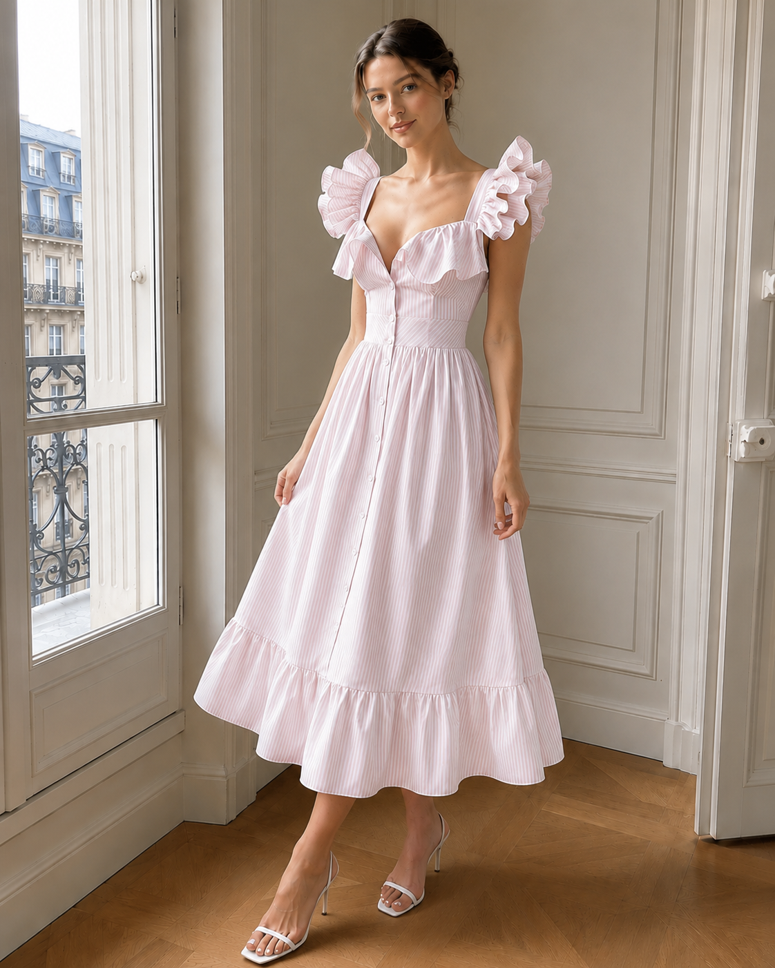 Ruffle Striped Square Collar Midi Dress