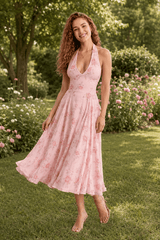 Holiday Pink Flower Print Halter Floral Dress