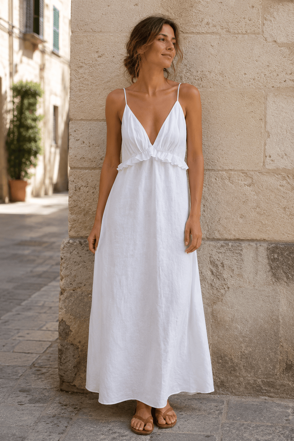 Sexy White Cotton Linen V-Neck Ruffle Loose Maxi Dress