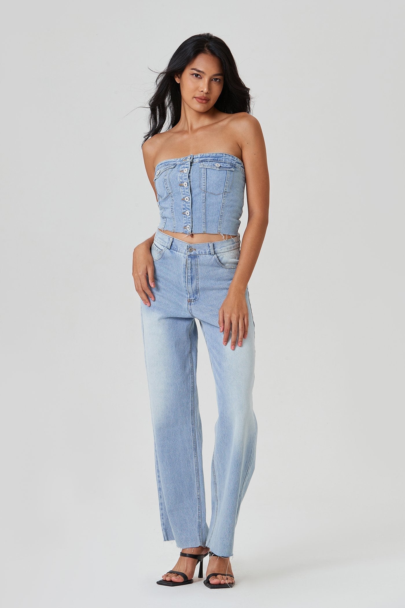 Off Shoulder Button Front Shirred Crop Top