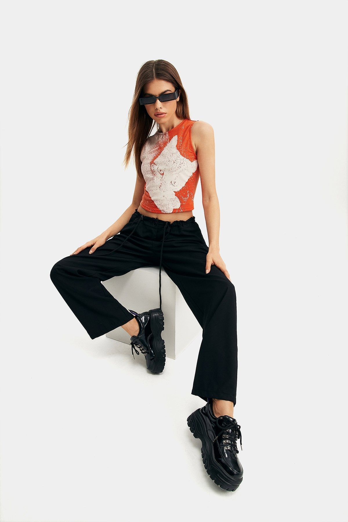 High Waist Drawstring Solid Wide Leg Pants