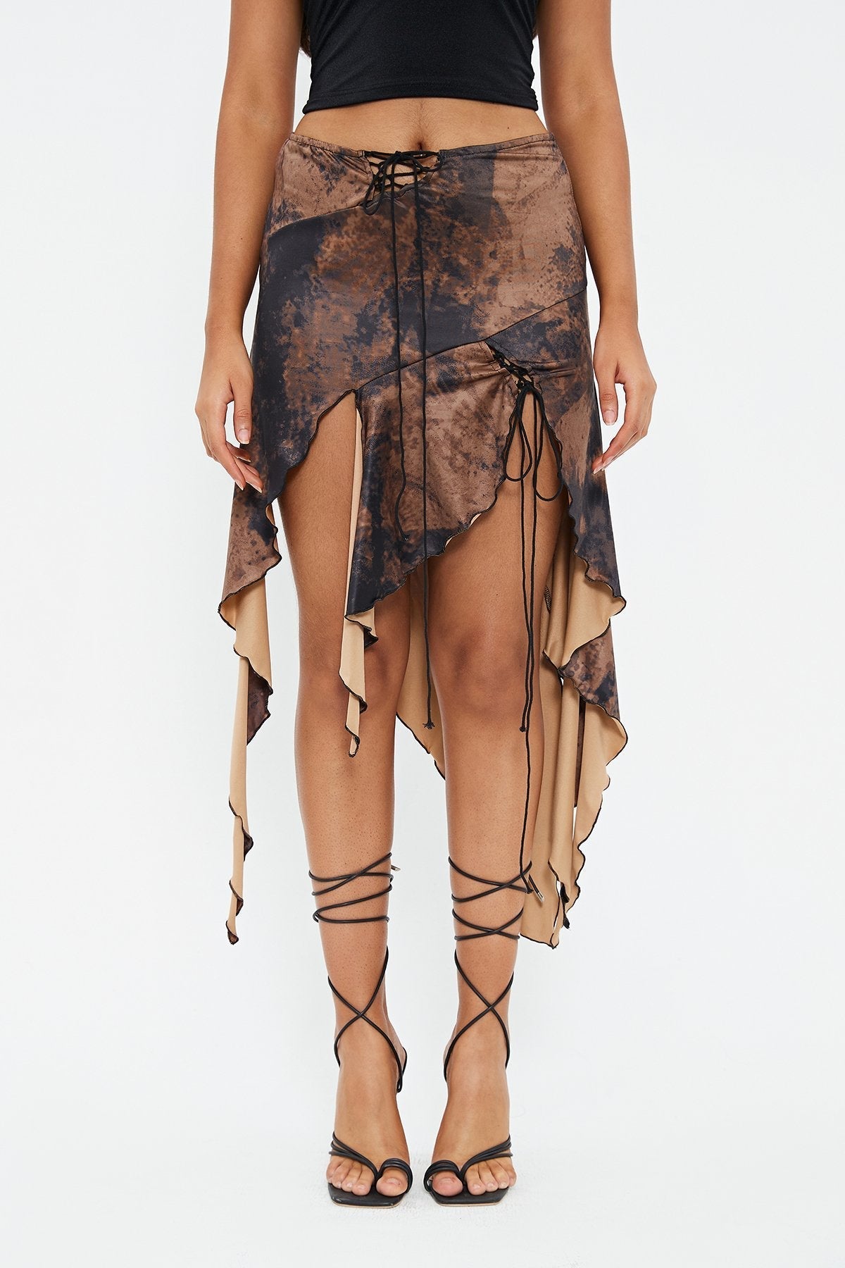 Lace Up Abstract Print Asymmetrical Hem Midi Skirt