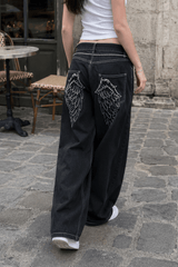 Angel Wing Embroidery Rhinestone Straight Jeans