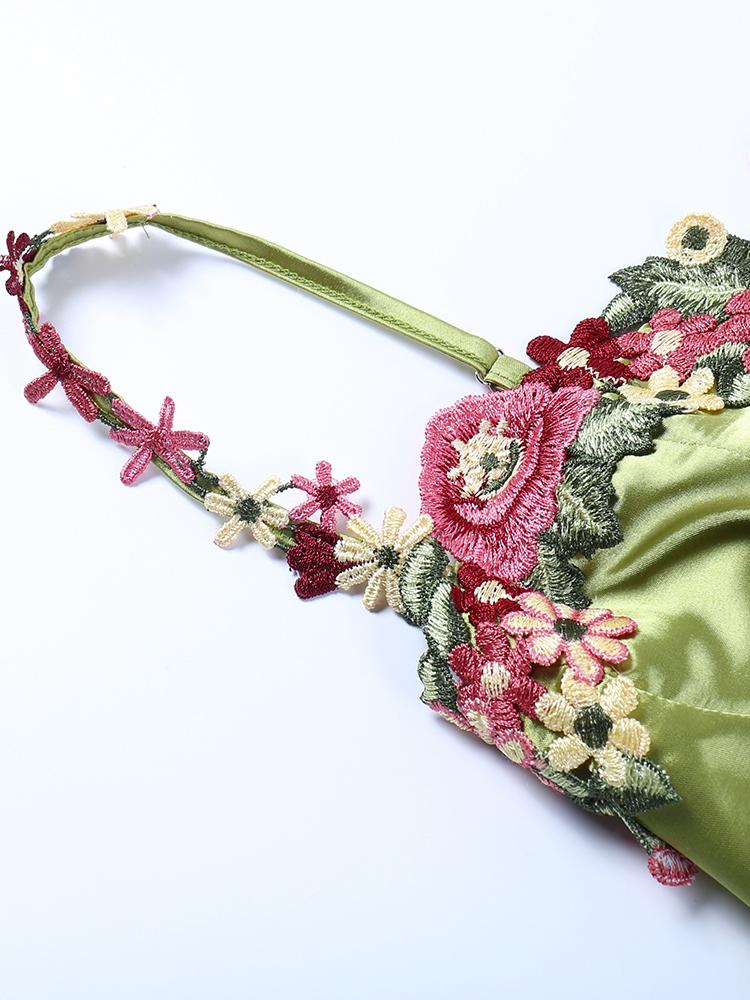 Plunging Neck Floral Embroidery Cinched Waist Mini Dress