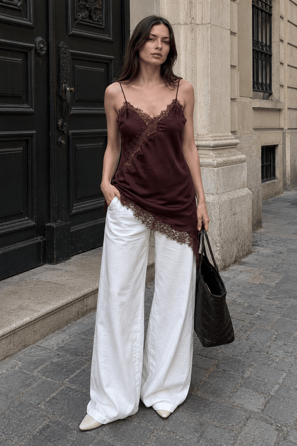 Lace Trim Patchwork Low Cut Asymmetrical Slit Cami Top