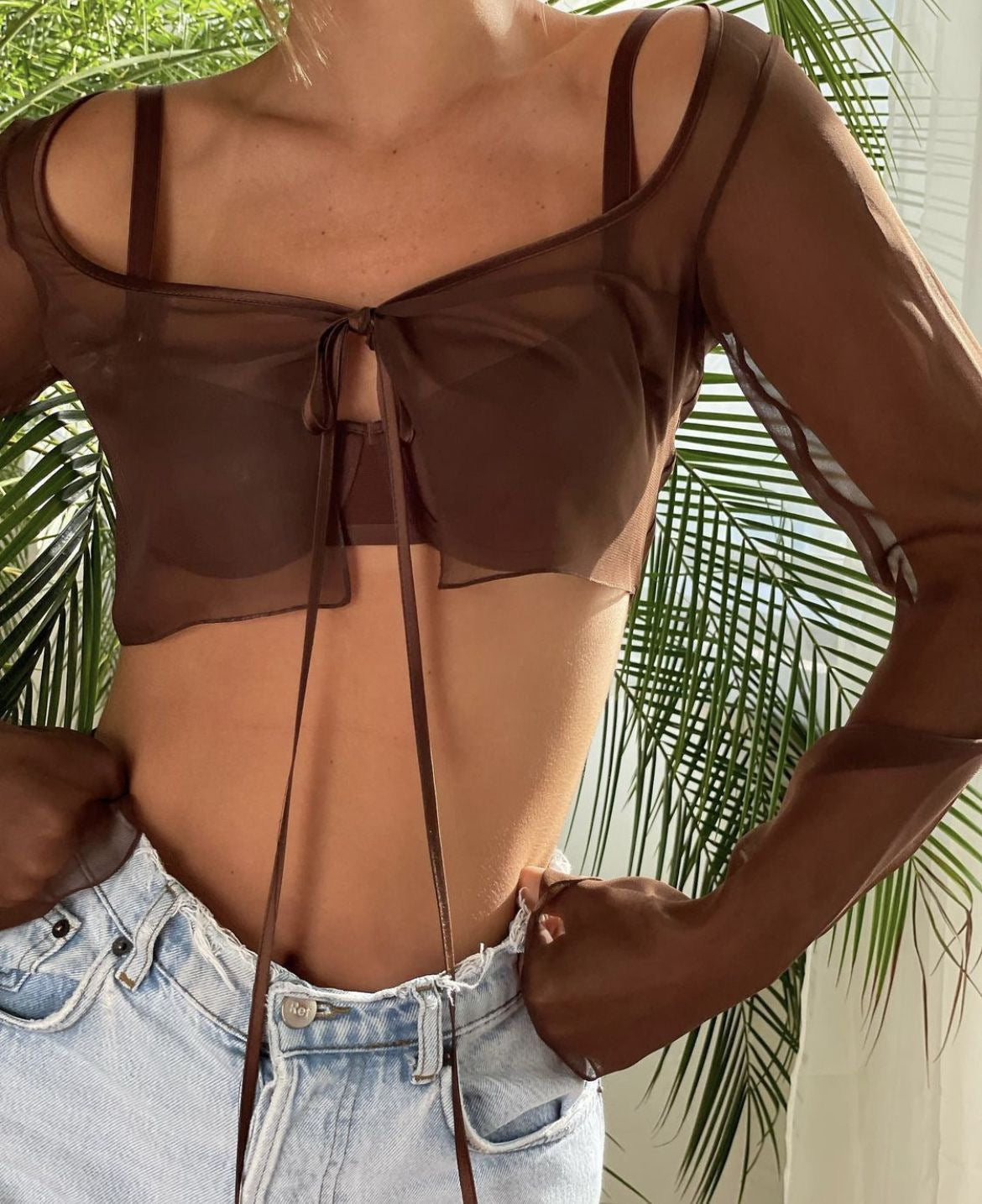 Long Sleeve Ruched Bralette with Sheer Overlay in Black
