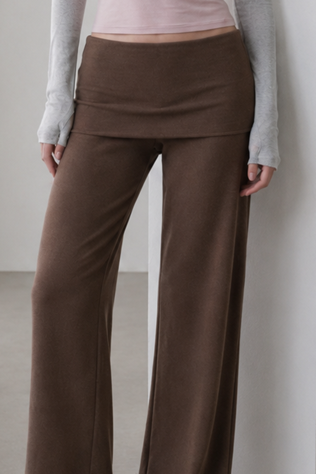 Solid Knit Foldover Waist Flowy Pants