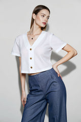 Linen V Neck Short Sleeve Blouse