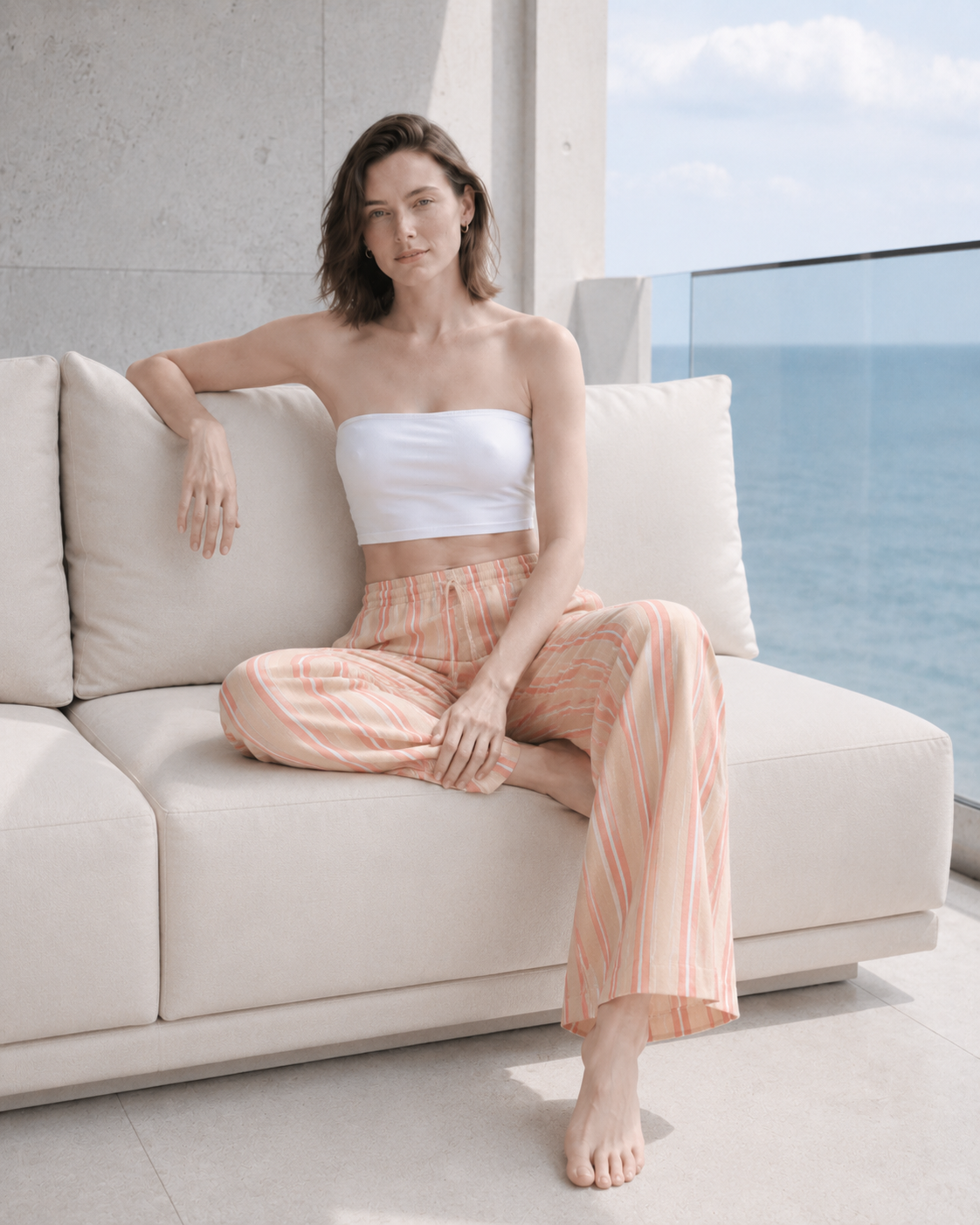 Beach Style Striped Drawstring Wide Leg Pants
