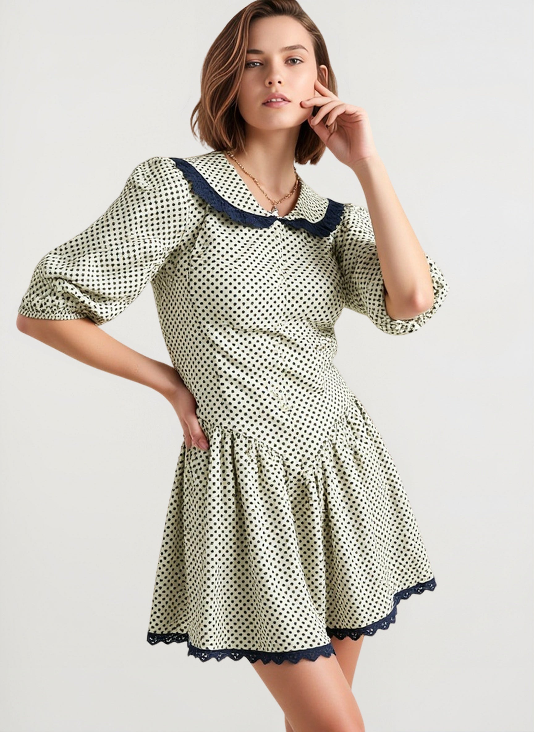 Vintage Polka Dot Peter Pan Collar Puff Sleeve Mini Dress
