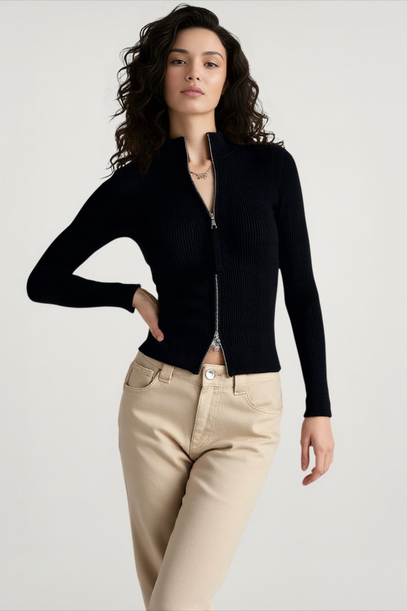 Stand Collar Slim Fit Dual Zip Cardigan