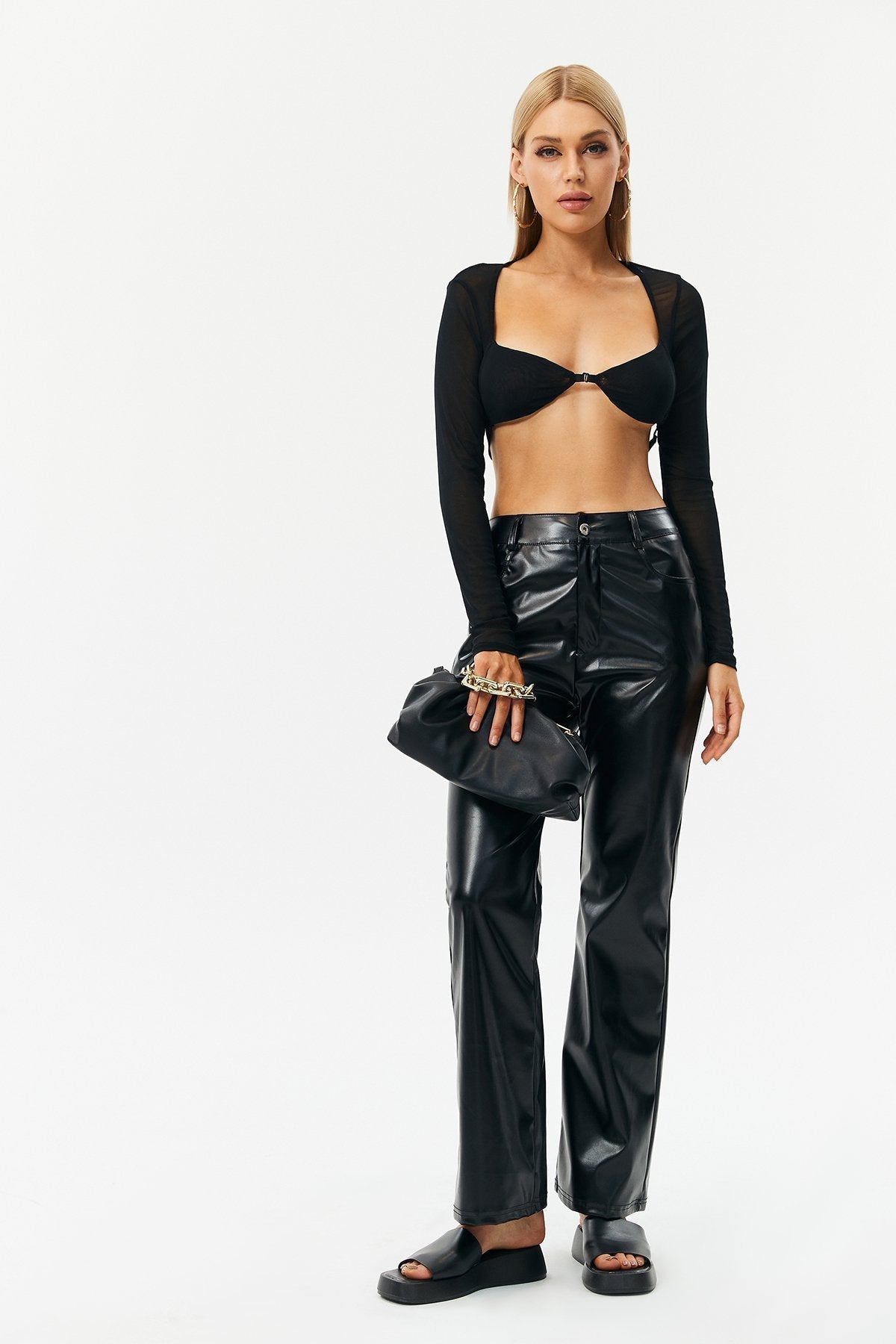 Plunging Neck Buckle Detail Long Sleeve Top