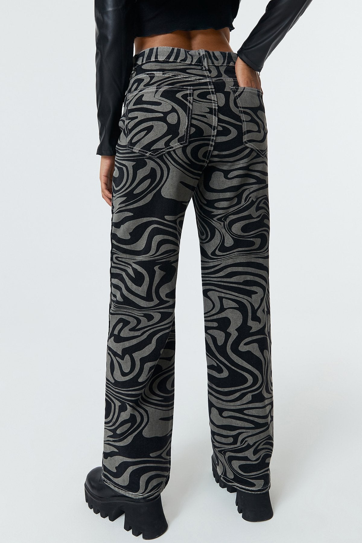 Wave Print High Waist Straight-leg Jeans