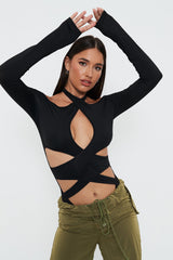 Halter Neck Cut Out Cold Shoulder Long Sleeve Bodysuit