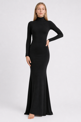 Solid Color High Neck Long Sleeve Maxi Dress