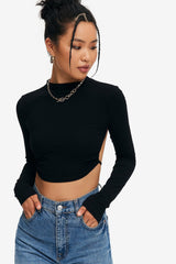 Solid Tie Backless Curved Hem Crop Top