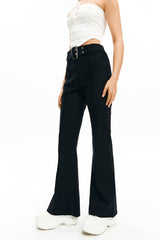 Solid Seam Detail Flared Pants With Belt