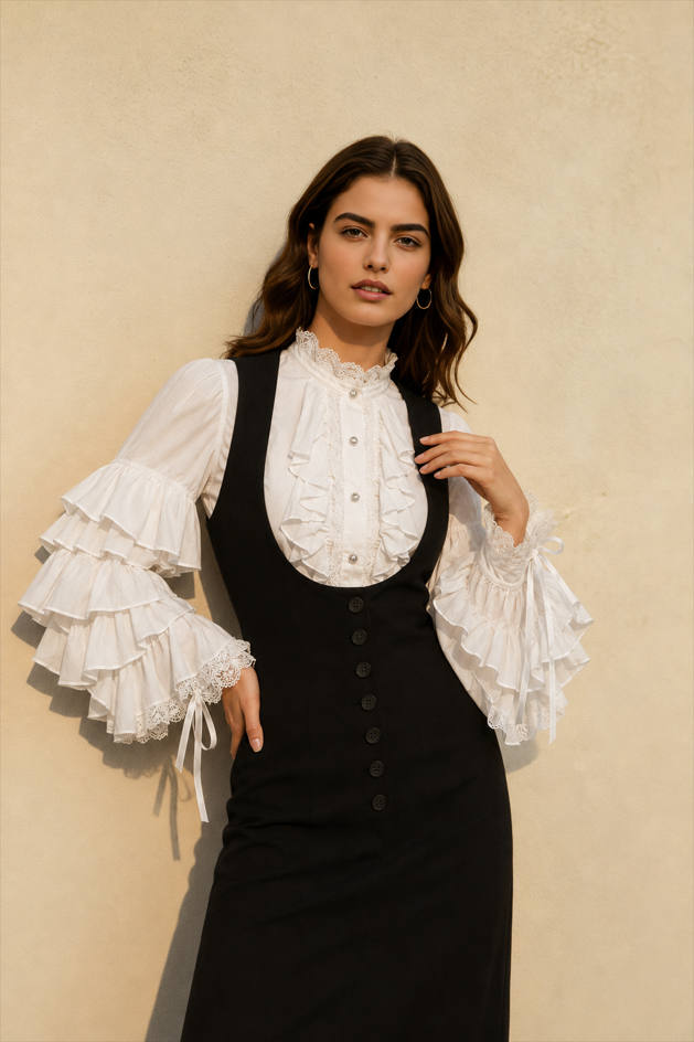 Dark Frill Batwing Sleeve Top