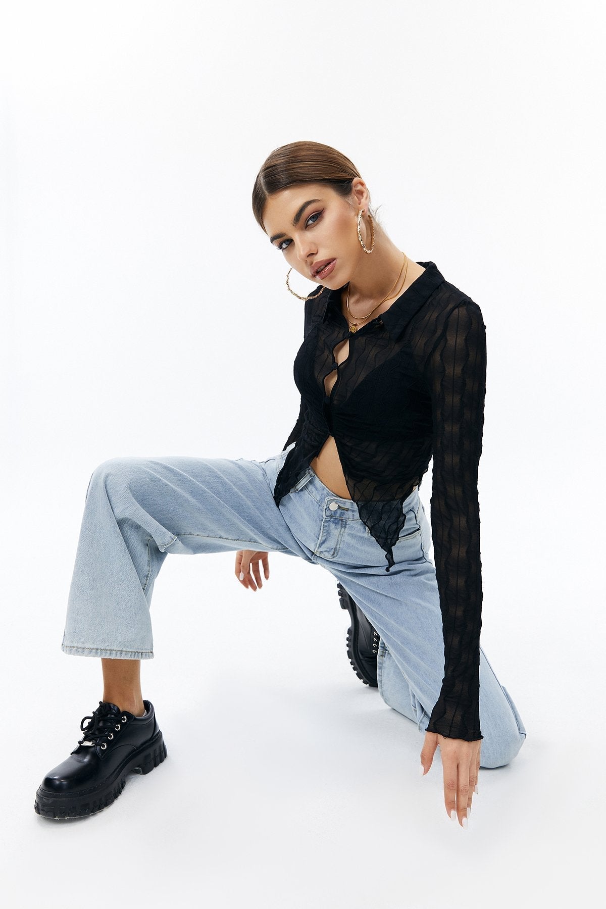 Lettuce Trim Split Hem Mesh Long Sleeve Top