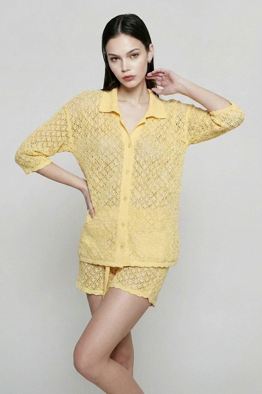 Crochet Lace Button Down Cardigan Vacation Set