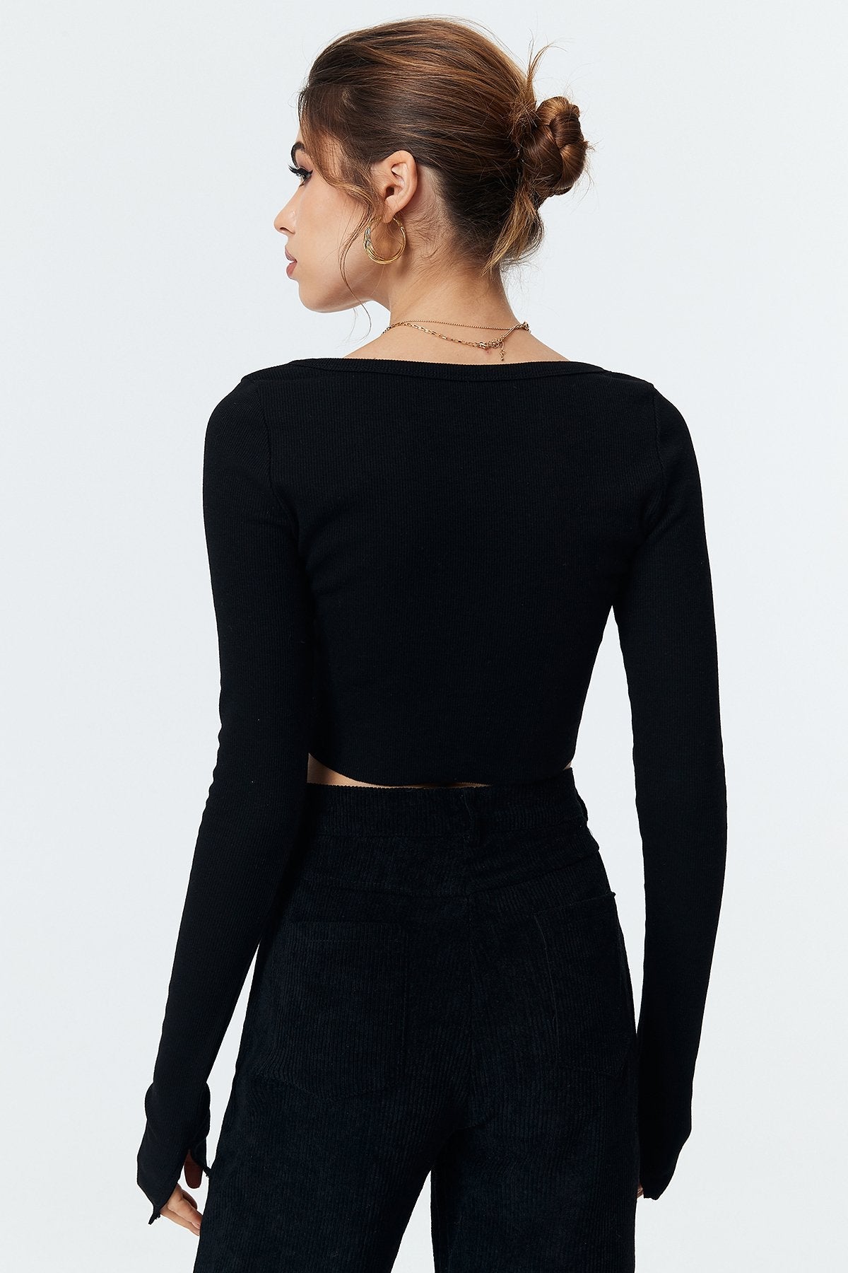 Slit Cuff Crop Long Sleeve Blouse