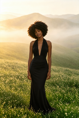 V Neck Halter Backless High Slit Maxi Dress