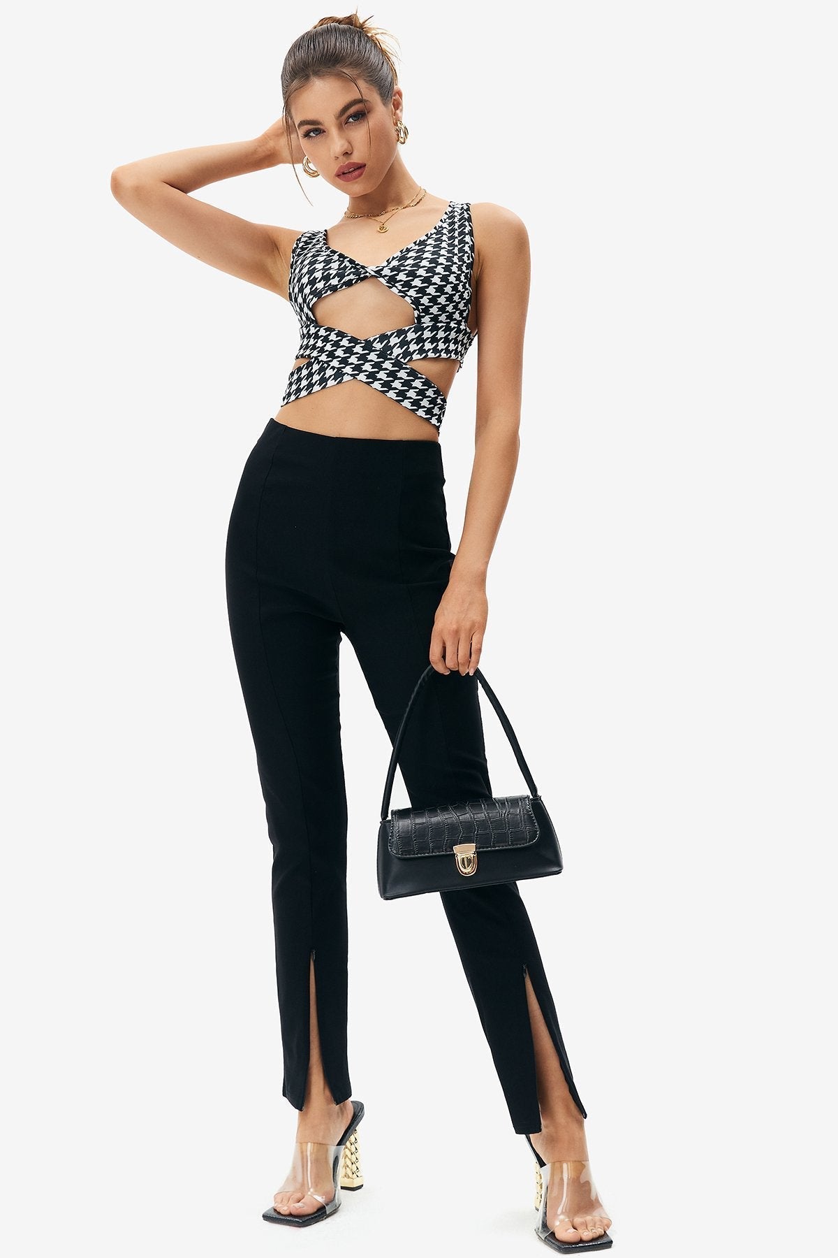 Solid Split Hem High Waisted Pants
