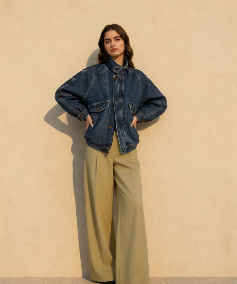 Stand Collar Washed Denim Utility Jacket