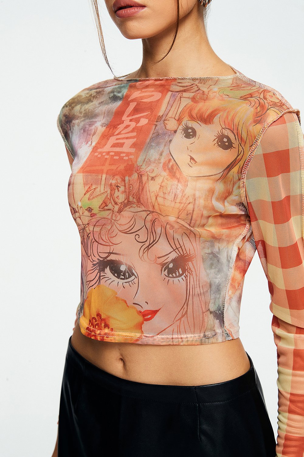 Mesh Character Print Long Sleeve Crop Top