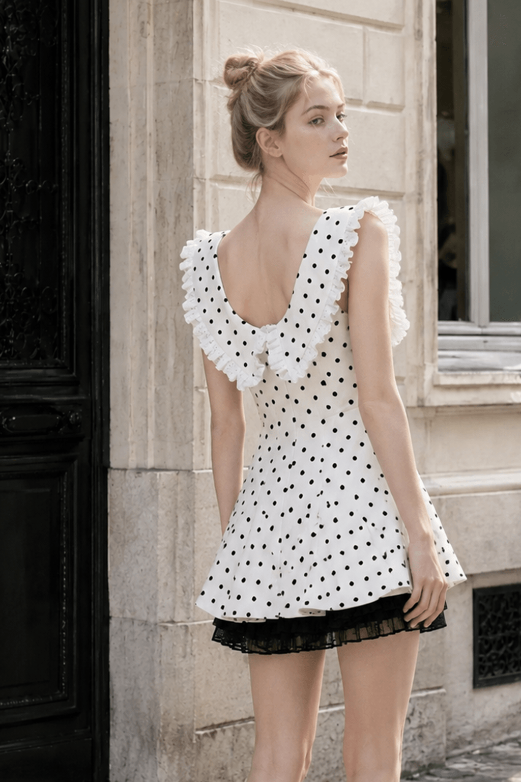 Vintage Polka Dot Bow Collar Ruffled Mini Dress