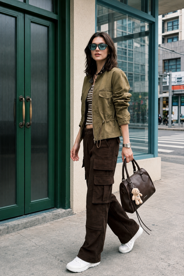 Corduroy Paneled Double Pocket Cargo Pants