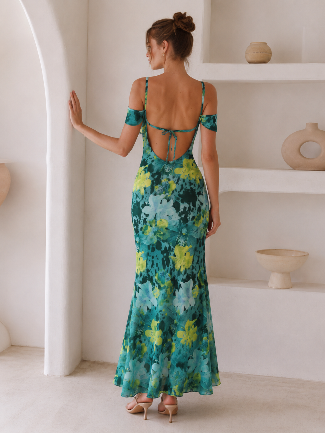 Tie Strapless Ruffled Print Sexy Bodycon Maxi Dress