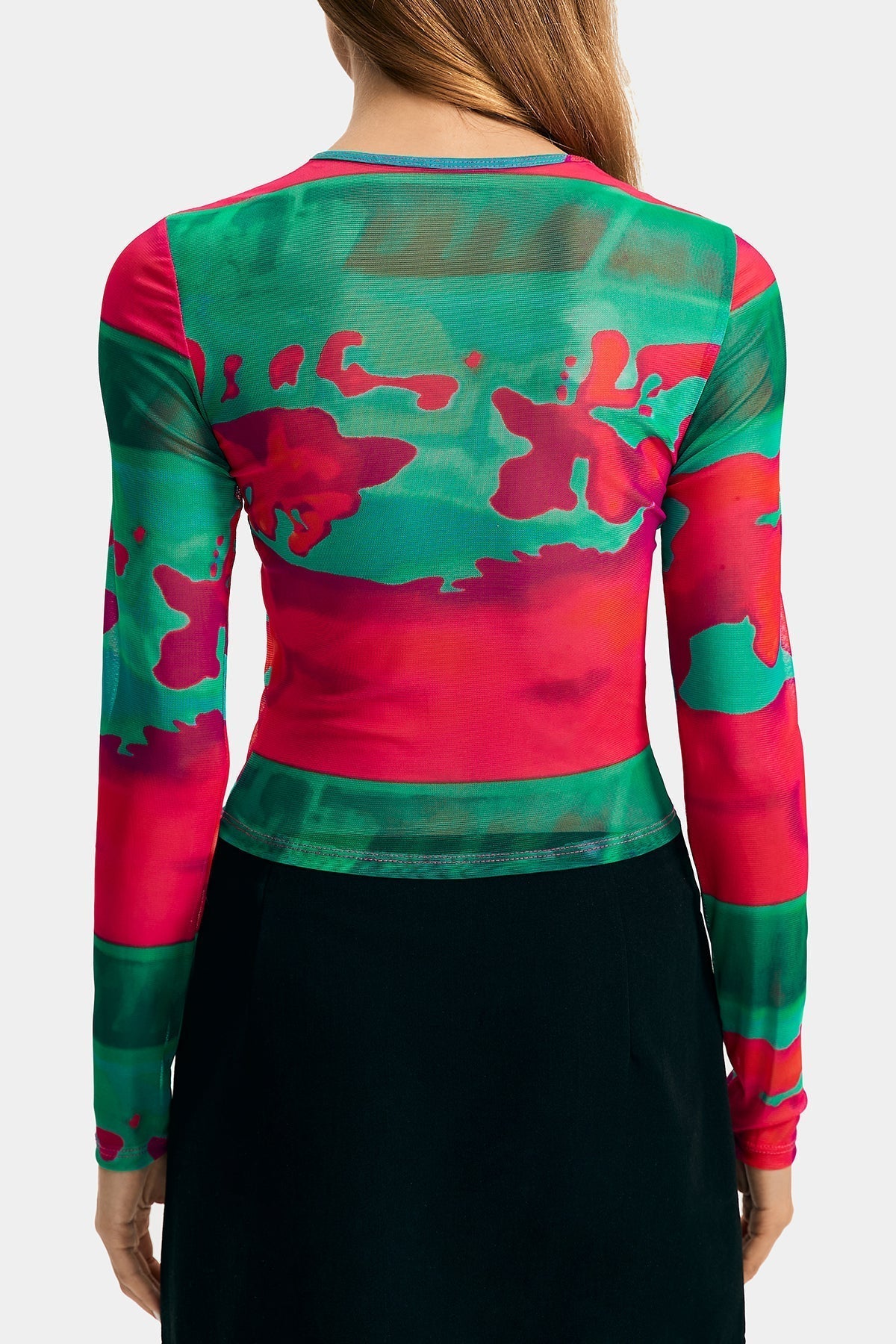 Abstract Print Mesh Long Sleeve Top