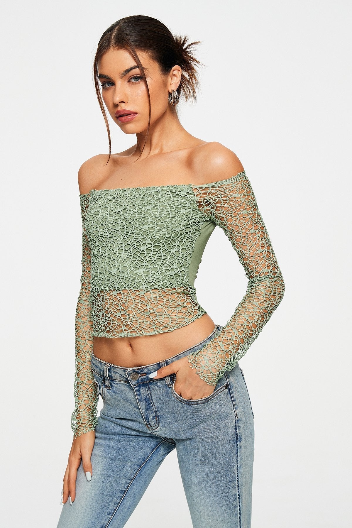 Off Shoulder Cut Out Crochet Splicing Long Sleeve Top