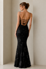 3D Applique Bone Pad Tie Back Solid Prom Dress