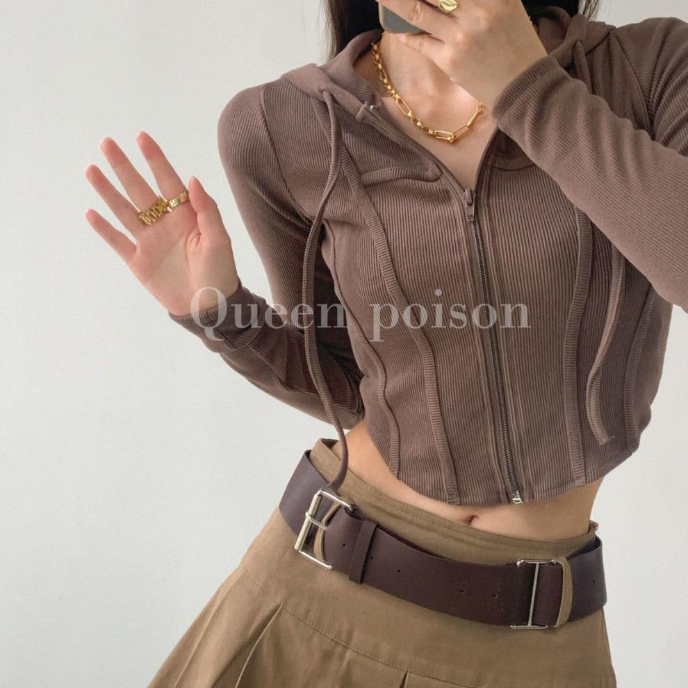 Rib Knit Hooded Zipper Long Sleeve Top