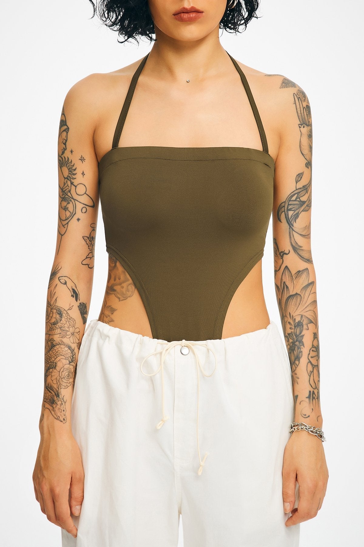 Halter Neck Solid Backless Bodysuit