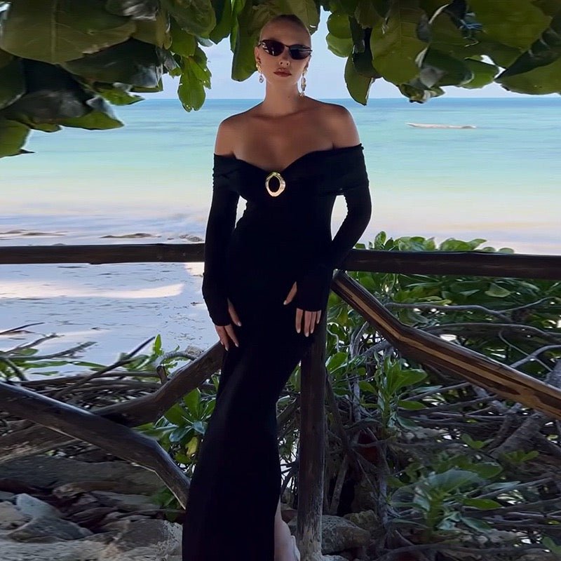 Long Sleeve Bardot Neckline Midi Dress