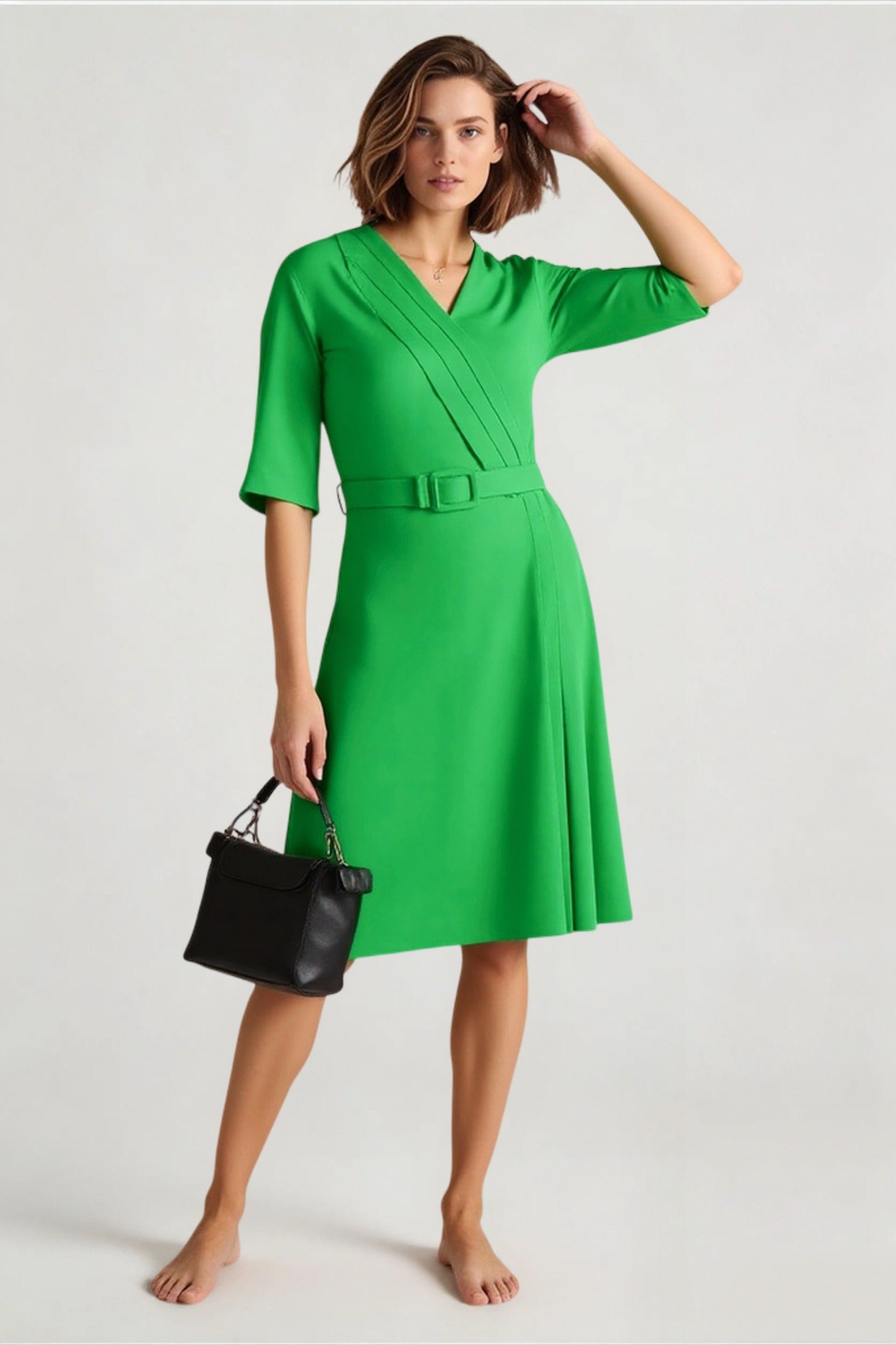 V-Neck Waistband Short Sleeve Solid Pencil Office Dress