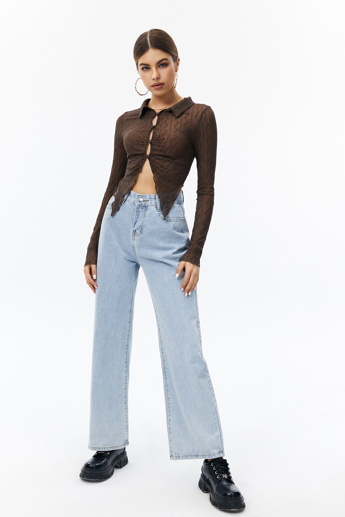 Lettuce Trim Split Hem Mesh Long Sleeve Top