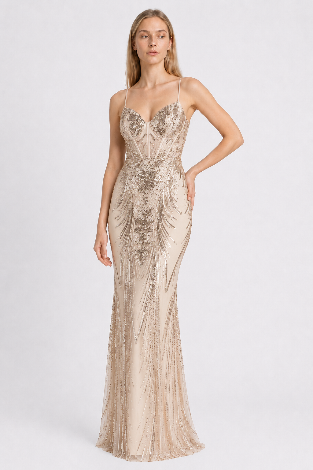 Boned Sequin Embroidered Formal Dress