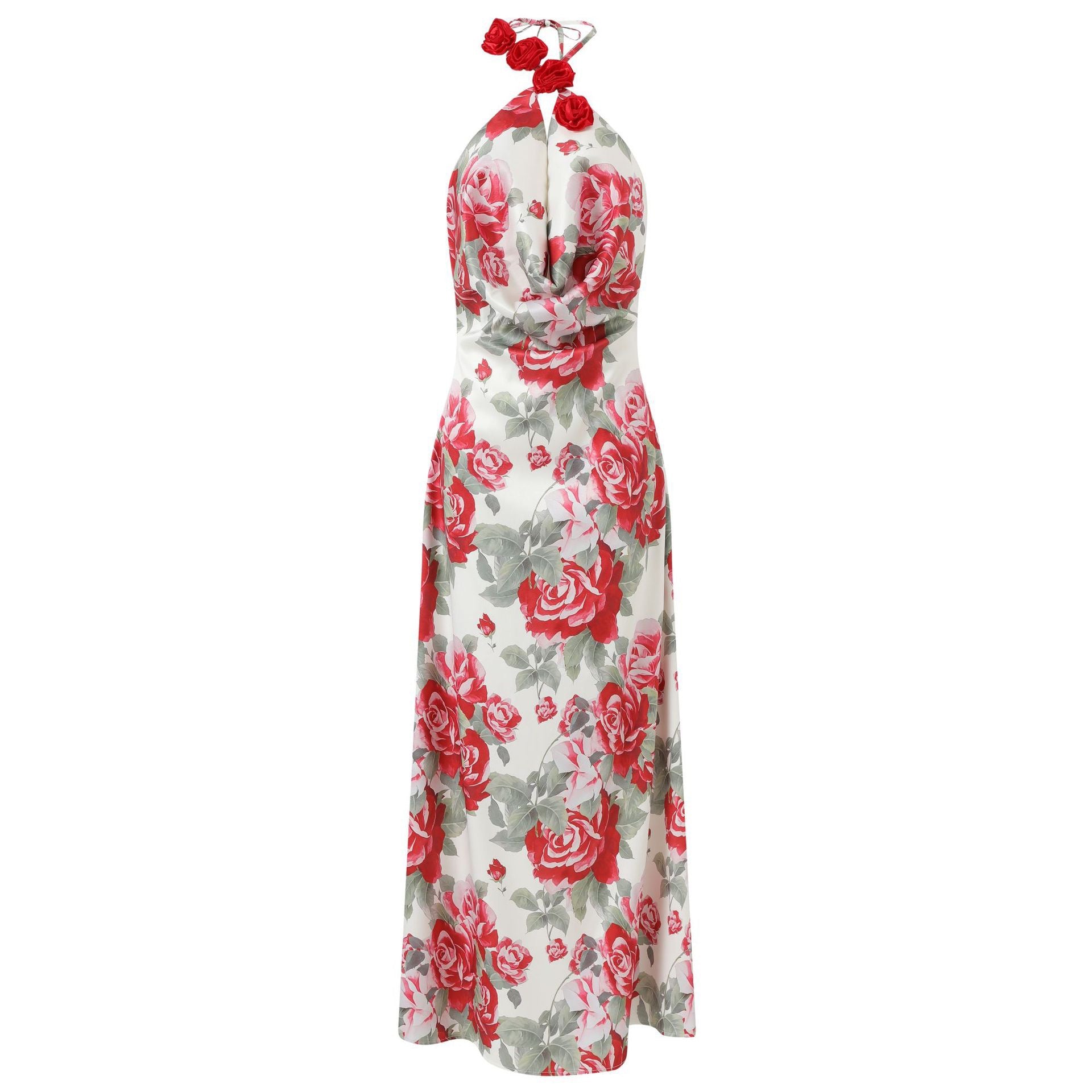 Satin Rosette Decor Halter Long Dress