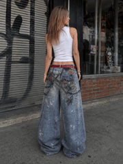 High Street 3D Chain Print Loose Wide Leg Jeans