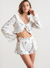 Short Cardigan Hollow Out Long Sleeve Floral Shorts Loungewear Two Piece Set