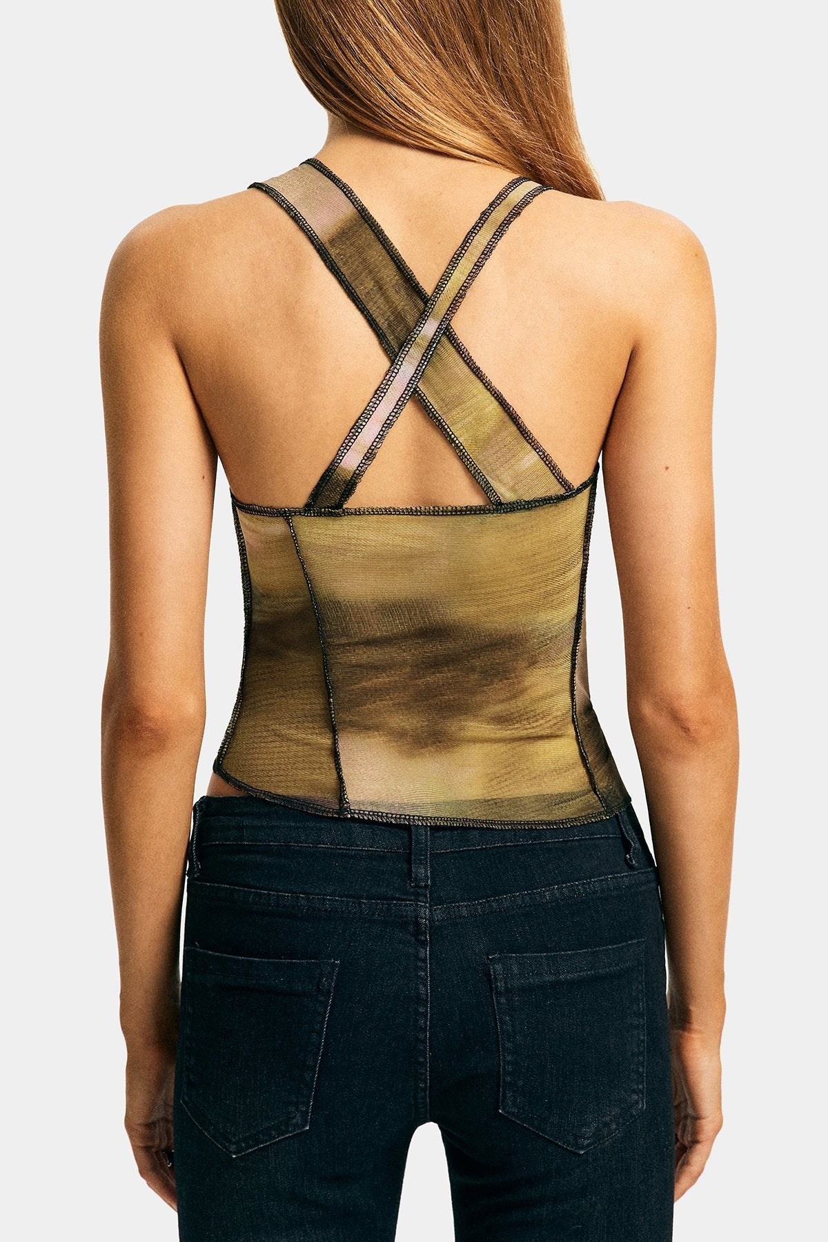 Top-Stitching Abstract Print Cross Back Tank Top