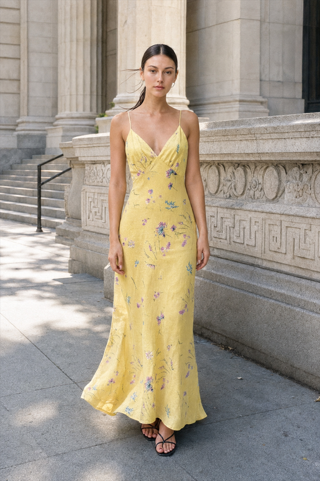 Casual Yellow Print Spaghetti Strap Floral Dress
