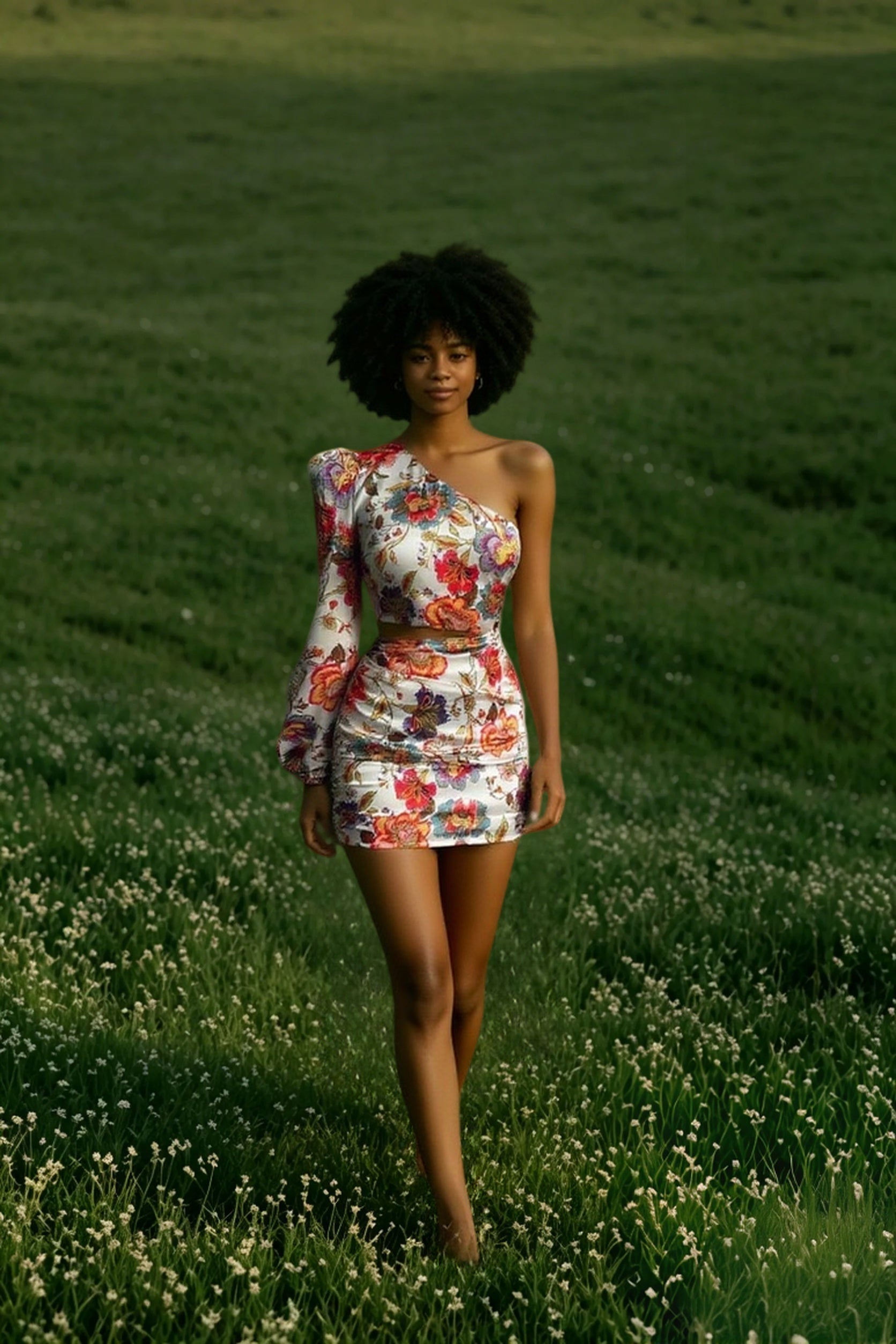 Women Fashion Floral Print Cutout Lantern Long Sleeve Dress
