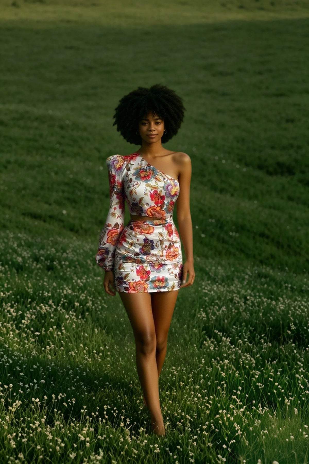 Women Fashion Floral Print Cutout Lantern Long Sleeve Dress